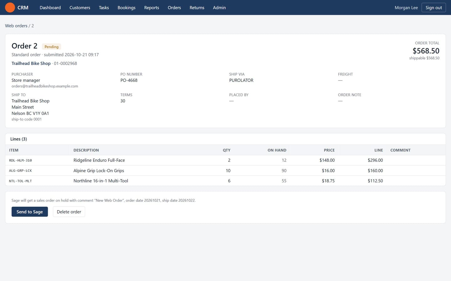 An online order waiting for review in the CRM, with its lines, stock on hand and a Send to Sage button