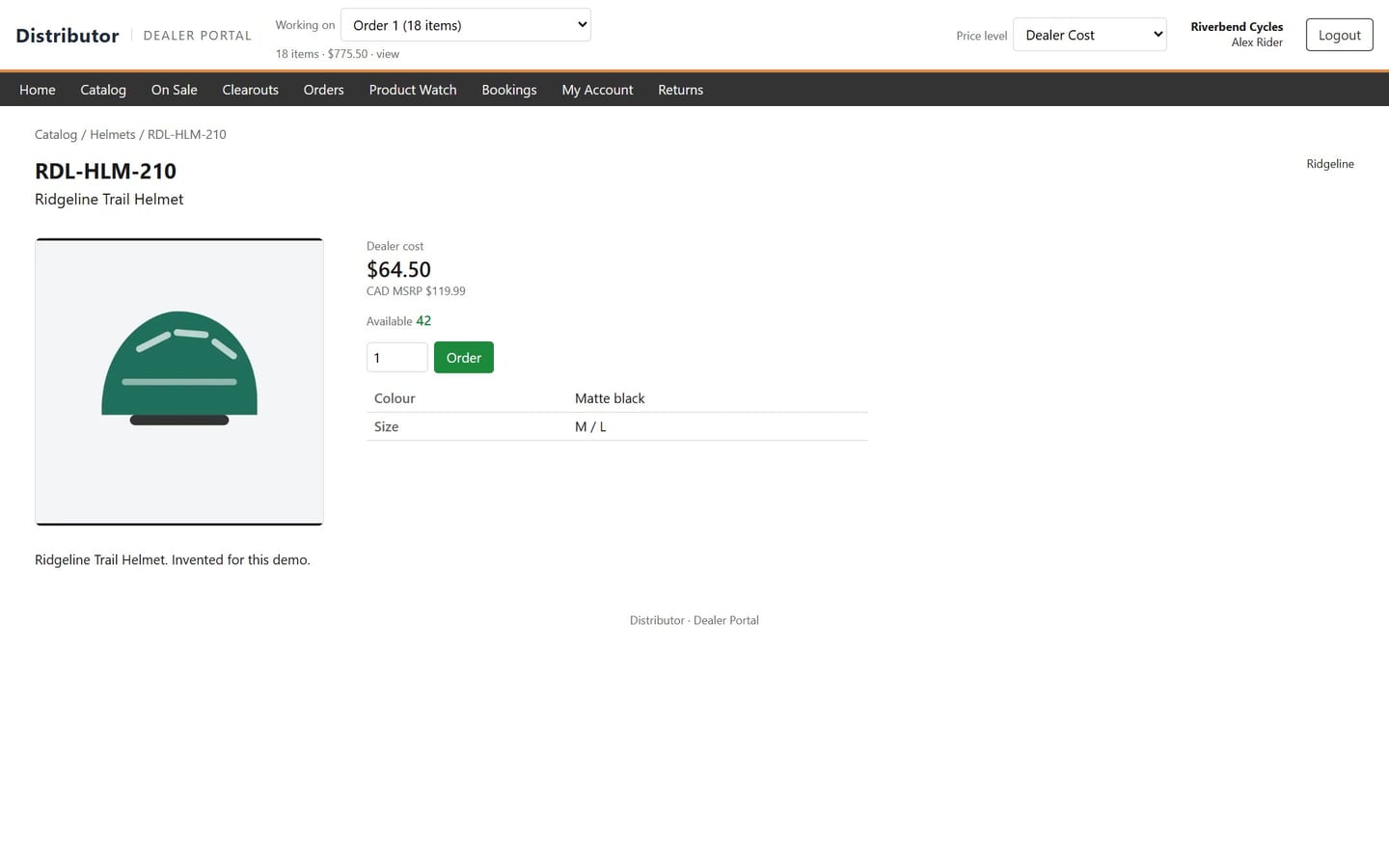 An item's page in the dealer portal, with its price, stock and specifications