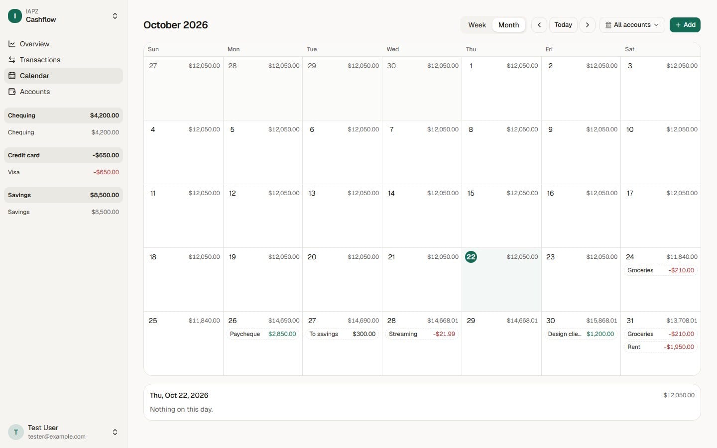 The Cashflow calendar: each day's balance, and what comes in and goes out