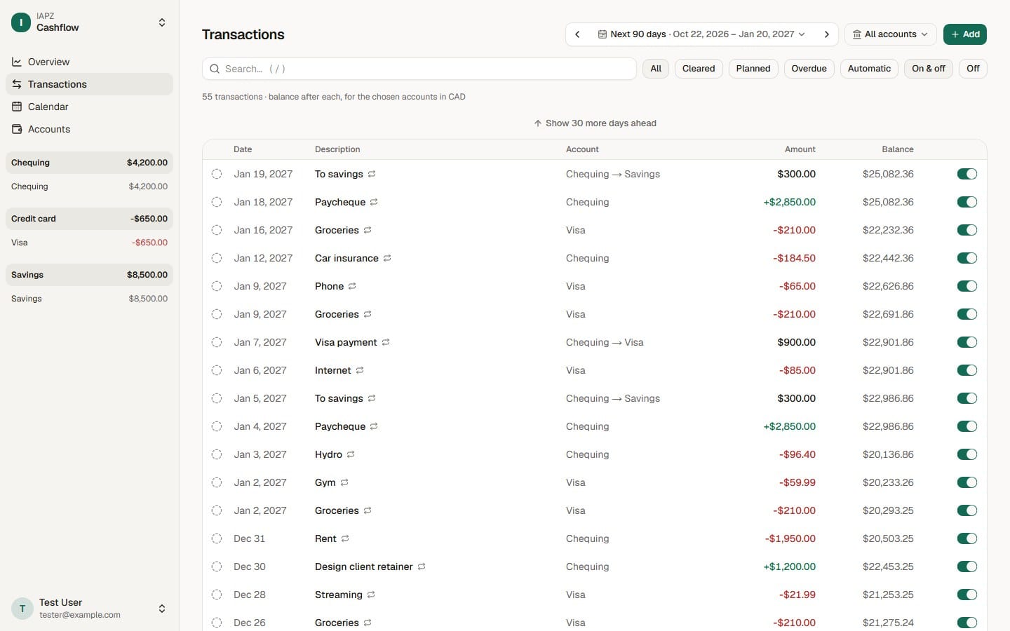 The next 90 days of transactions, with repeating ones marked and the balance after each