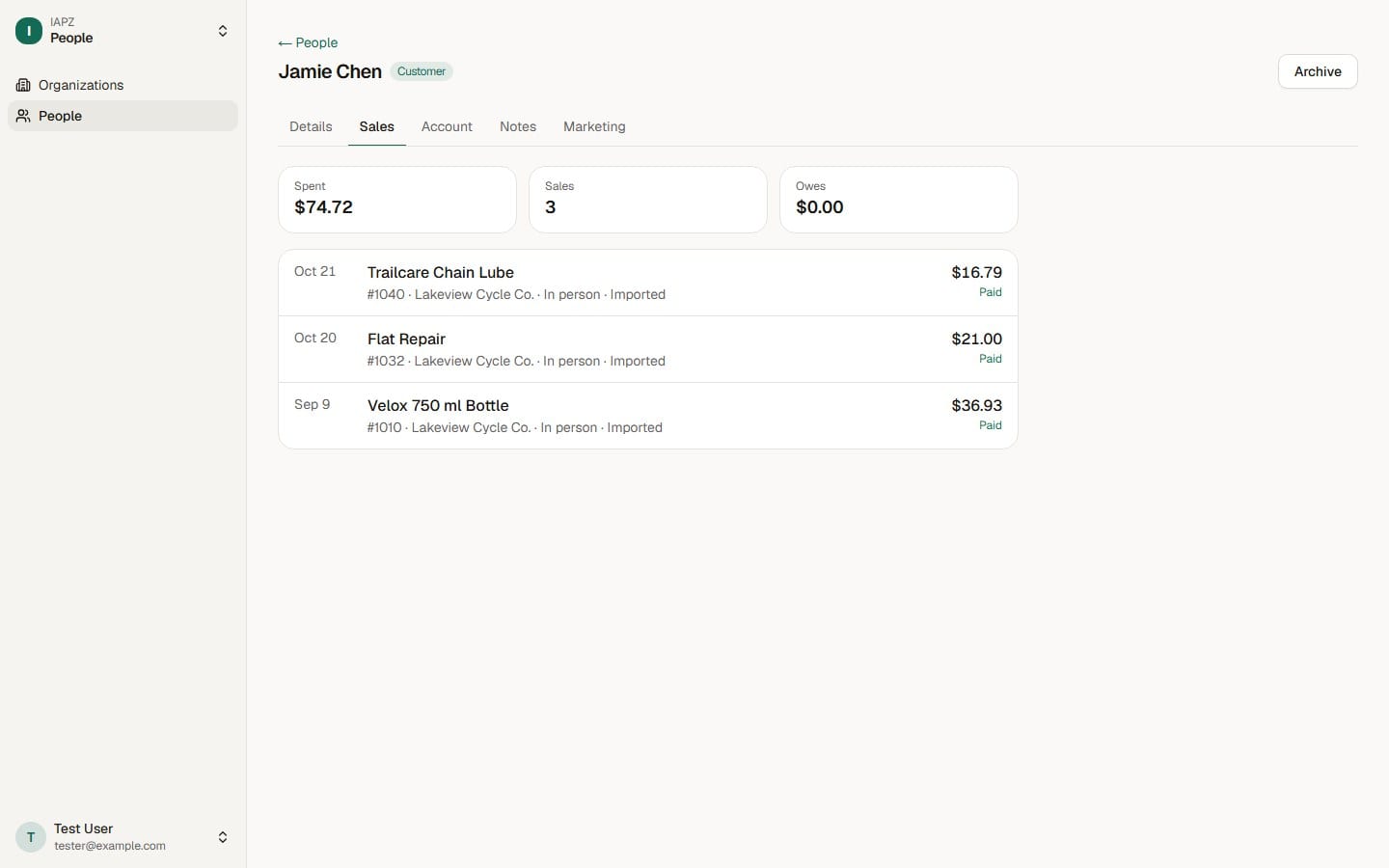 A customer's Sales tab: what they've spent, how many sales, what they owe, and each sale