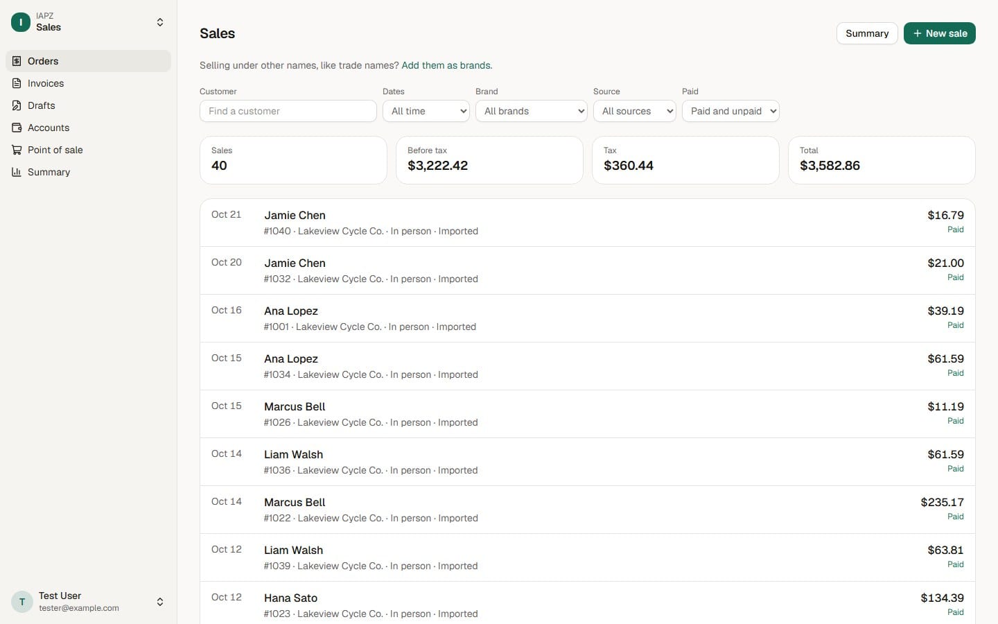 The sales list in IAPZ: each sale's customer, number, how it was sold, total and whether it's paid, with the totals above