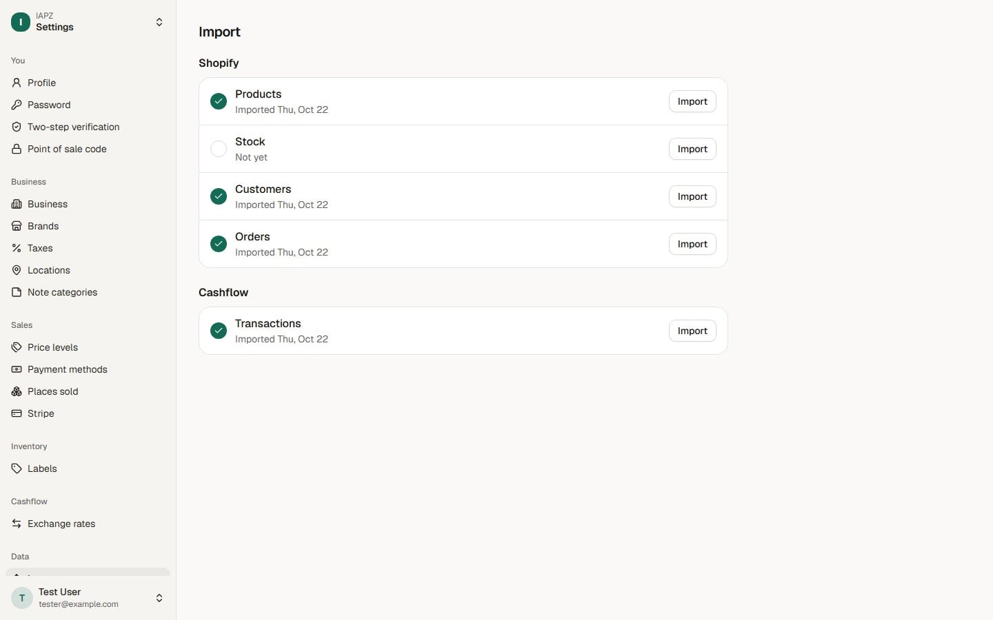 Settings, Import: Shopify's products, stock, customers and orders in order, and Cashflow, each with when it was last imported