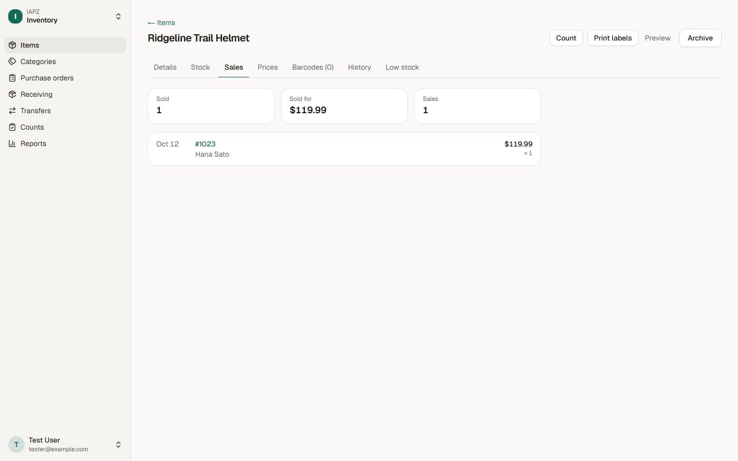 An item's Sales tab: how many sold, for how much, and each sale with its customer