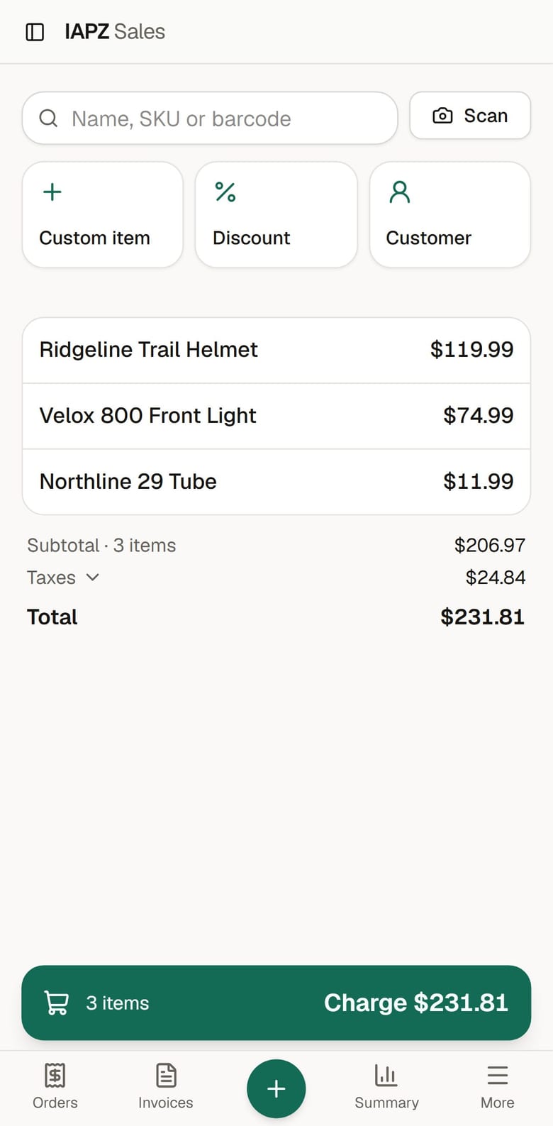 The IAPZ point of sale on a phone: search, custom item, discount and customer, the sale, and Charge