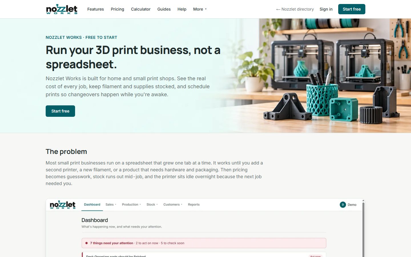 The Nozzlet Works page on a computer: run your 3D print business, not a spreadsheet, with the Works dashboard below